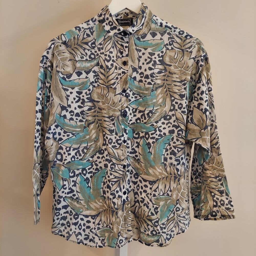 Vtg‎ Semi Sheer Button Up Shirt Light Weight Tropical Animal Print Safari